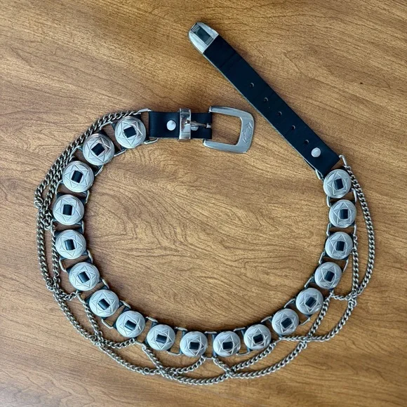 Vintage 90s Western Chain Concho Belt Black Leather Gold Hardware - Picture 11 of 13